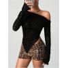 imageSweatyRocks Womens Leopard Print Sheer Mesh Crop Tops Asymmetrical Off The Shoulder Long Sleeve Fitted Tee ShirtsBlack Mesh
