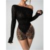 imageSweatyRocks Womens Leopard Print Sheer Mesh Crop Tops Asymmetrical Off The Shoulder Long Sleeve Fitted Tee ShirtsBlack Mesh