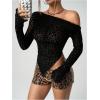 imageSweatyRocks Womens Leopard Print Sheer Mesh Crop Tops Asymmetrical Off The Shoulder Long Sleeve Fitted Tee ShirtsBlack Mesh