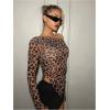 imageSweatyRocks Womens Leopard Print Sheer Mesh Crop Tops Asymmetrical Off The Shoulder Long Sleeve Fitted Tee ShirtsBrown