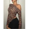 imageSweatyRocks Womens Leopard Print Sheer Mesh Crop Tops Asymmetrical Off The Shoulder Long Sleeve Fitted Tee ShirtsBrown