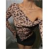imageSweatyRocks Womens Leopard Print Sheer Mesh Crop Tops Asymmetrical Off The Shoulder Long Sleeve Fitted Tee ShirtsBrown