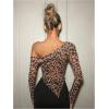 imageSweatyRocks Womens Leopard Print Sheer Mesh Crop Tops Asymmetrical Off The Shoulder Long Sleeve Fitted Tee ShirtsBrown