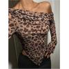 imageSweatyRocks Womens Leopard Print Sheer Mesh Crop Tops Asymmetrical Off The Shoulder Long Sleeve Fitted Tee ShirtsBrown