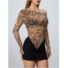 imageSweatyRocks Womens Leopard Print Sheer Mesh Crop Tops Asymmetrical Off The Shoulder Long Sleeve Fitted Tee ShirtsBrown Leopard