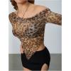 imageSweatyRocks Womens Leopard Print Sheer Mesh Crop Tops Asymmetrical Off The Shoulder Long Sleeve Fitted Tee ShirtsBrown Leopard