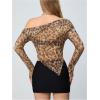 imageSweatyRocks Womens Leopard Print Sheer Mesh Crop Tops Asymmetrical Off The Shoulder Long Sleeve Fitted Tee ShirtsBrown Leopard
