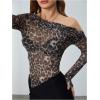 imageSweatyRocks Womens Leopard Print Sheer Mesh Crop Tops Asymmetrical Off The Shoulder Long Sleeve Fitted Tee ShirtsKhaki