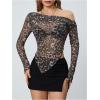 imageSweatyRocks Womens Leopard Print Sheer Mesh Crop Tops Asymmetrical Off The Shoulder Long Sleeve Fitted Tee ShirtsKhaki