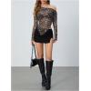 imageSweatyRocks Womens Leopard Print Sheer Mesh Crop Tops Asymmetrical Off The Shoulder Long Sleeve Fitted Tee ShirtsKhaki