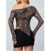 imageSweatyRocks Womens Leopard Print Sheer Mesh Crop Tops Asymmetrical Off The Shoulder Long Sleeve Fitted Tee ShirtsKhaki