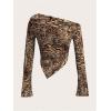 imageSweatyRocks Womens Leopard Print Sheer Mesh Crop Tops Asymmetrical Off The Shoulder Long Sleeve Fitted Tee ShirtsMulticolor