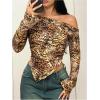 imageSweatyRocks Womens Leopard Print Sheer Mesh Crop Tops Asymmetrical Off The Shoulder Long Sleeve Fitted Tee ShirtsMulticolor
