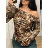 imageSweatyRocks Womens Leopard Print Sheer Mesh Crop Tops Asymmetrical Off The Shoulder Long Sleeve Fitted Tee ShirtsMulticolor