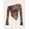 imageSweatyRocks Womens Leopard Print Sheer Mesh Crop Tops Asymmetrical Off The Shoulder Long Sleeve Fitted Tee ShirtsMulticolor
