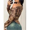 imageSweatyRocks Womens Leopard Print Sheer Mesh Crop Tops Asymmetrical Off The Shoulder Long Sleeve Fitted Tee ShirtsMulticolor