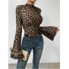 imageSweatyRocks Womens Leopard Print T Shirt Mock Neck Flare Long Sleeve Slim Fitted Tee TopsCoffee Brown