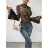 imageSweatyRocks Womens Leopard Print T Shirt Mock Neck Flare Long Sleeve Slim Fitted Tee TopsCoffee Brown