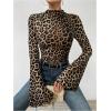 imageSweatyRocks Womens Leopard Print T Shirt Mock Neck Flare Long Sleeve Slim Fitted Tee TopsCoffee Brown