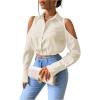 imageSweatyRocks Womens Cold Shoulder Long Sleeve Button Down Collared Cropped BlousesBeige