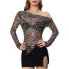 imageSweatyRocks Womens Leopard Print Sheer Mesh Crop Tops Asymmetrical Off The Shoulder Long Sleeve Fitted Tee ShirtsKhaki