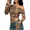 imageSweatyRocks Womens Leopard Print Sheer Mesh Crop Tops Asymmetrical Off The Shoulder Long Sleeve Fitted Tee ShirtsMulticolor