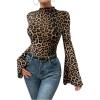 imageSweatyRocks Womens Leopard Print T Shirt Mock Neck Flare Long Sleeve Slim Fitted Tee TopsCoffee Brown