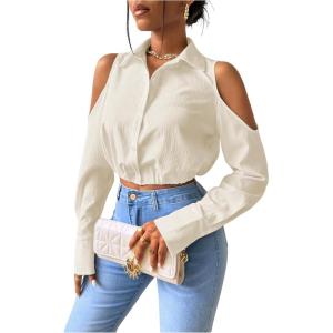 imageSweatyRocks Womens Cold Shoulder Long Sleeve Button Down Collared Cropped BlousesBeige