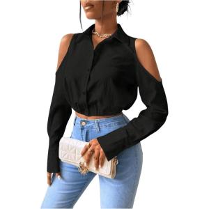 imageSweatyRocks Womens Cold Shoulder Long Sleeve Button Down Collared Cropped BlousesBlack