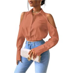 imageSweatyRocks Womens Cold Shoulder Long Sleeve Button Down Collared Cropped BlousesCoral Orange
