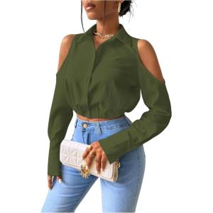 imageSweatyRocks Womens Cold Shoulder Long Sleeve Button Down Collared Cropped BlousesDark Green