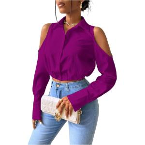 imageSweatyRocks Womens Cold Shoulder Long Sleeve Button Down Collared Cropped BlousesHot Pink