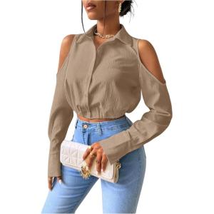 imageSweatyRocks Womens Cold Shoulder Long Sleeve Button Down Collared Cropped BlousesKhaki