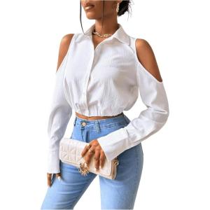 imageSweatyRocks Womens Cold Shoulder Long Sleeve Button Down Collared Cropped BlousesWhite