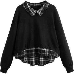imageSweatyRocks Womens Contrast Plaid Print Long Sleeve Sweatshirt Collared Curved Hem Pullover TopBlack