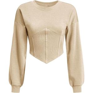 imageSweatyRocks Womens Corset Crop Sweatshirt Long Sleeve Hanky Hem Cropped Pullover TopsApricot