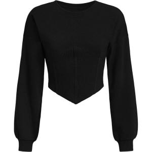 imageSweatyRocks Womens Corset Crop Sweatshirt Long Sleeve Hanky Hem Cropped Pullover TopsBlack
