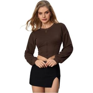 imageSweatyRocks Womens Corset Crop Sweatshirt Long Sleeve Hanky Hem Cropped Pullover TopsChocolate Brown