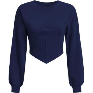 imageSweatyRocks Womens Corset Crop Sweatshirt Long Sleeve Hanky Hem Cropped Pullover TopsDark Blue