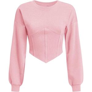 imageSweatyRocks Womens Corset Crop Sweatshirt Long Sleeve Hanky Hem Cropped Pullover TopsPink