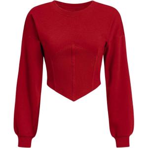 imageSweatyRocks Womens Corset Crop Sweatshirt Long Sleeve Hanky Hem Cropped Pullover TopsRed