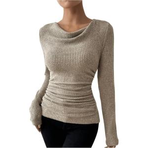 imageSweatyRocks Womens Cowl Neck Long Sleeve T Shirts Draped Slim Fit Ribbed Knit Basic TopsApricot