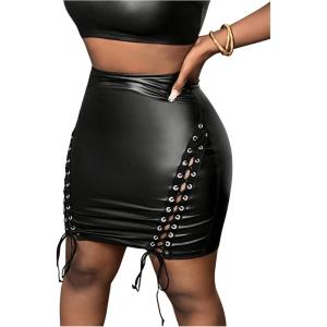 imageSweatyRocks Womens Crisscross Lace Up Stretchy PU Leather High Waist Bodycon Mini SkirtsBlack
