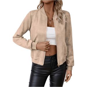 imageSweatyRocks Womens Faux Suede Short Bomber Jacket Coat Stand Collar Lightweight Zip Up Fashion Outerwear TopsApricot