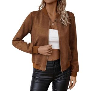 imageSweatyRocks Womens Faux Suede Short Bomber Jacket Coat Stand Collar Lightweight Zip Up Fashion Outerwear TopsBrown
