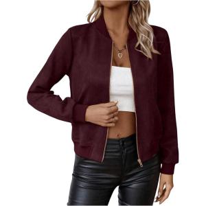 imageSweatyRocks Womens Faux Suede Short Bomber Jacket Coat Stand Collar Lightweight Zip Up Fashion Outerwear TopsBurgundy