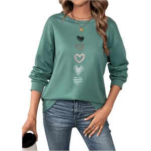 imageSweatyRocks Womens Heart Printed Long Sleeve Pullover Sweatshirts Crewneck Loose Casual Fall OutfitsGreen