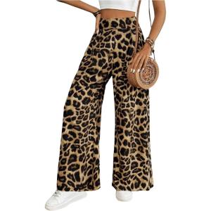 imageSweatyRocks Womens Leopard Print High Waisted Wide Leg Pants Casual Long TrousersBrown