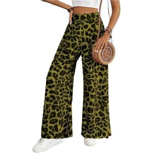imageSweatyRocks Womens Leopard Print High Waisted Wide Leg Pants Casual Long TrousersGreen