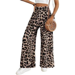 imageSweatyRocks Womens Leopard Print High Waisted Wide Leg Pants Casual Long TrousersMulticolor